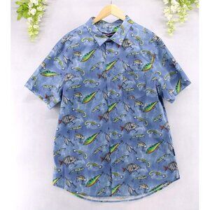 Psycho Tuna Men's Fishing Lures Stretch Short Sleeve Button Up Shirt Blue XL NEW